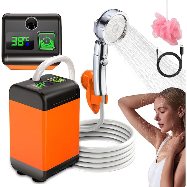 Duș Portabil pentru Camping cu Pompă Electrică, Afișaj Digital, 3 Moduri de Pulverizare, Baterie 4800 mAh, Furtun 2 m