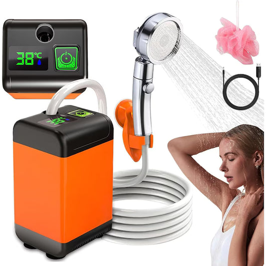 Duș Portabil pentru Camping cu Pompă Electrică, Afișaj Digital, 3 Moduri de Pulverizare, Baterie 4800 mAh, Furtun 2 m