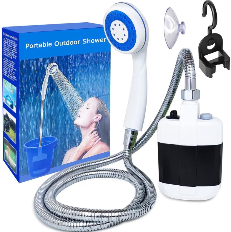 Duș portabil camping cu baterie 2200mAh, încărcare USB, furtun 1.5m – 2 trepte presiune, debit 3-4L/min, ideal pentru camping, rulote și drumeții