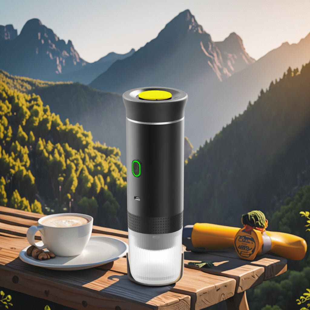 Espressor Portabil 3 în 1 cu Încălzire – Compatibil Capsule & Cafea Măcinată, 15 Bari, USB-C, Ideal pentru Călătorii și Camping