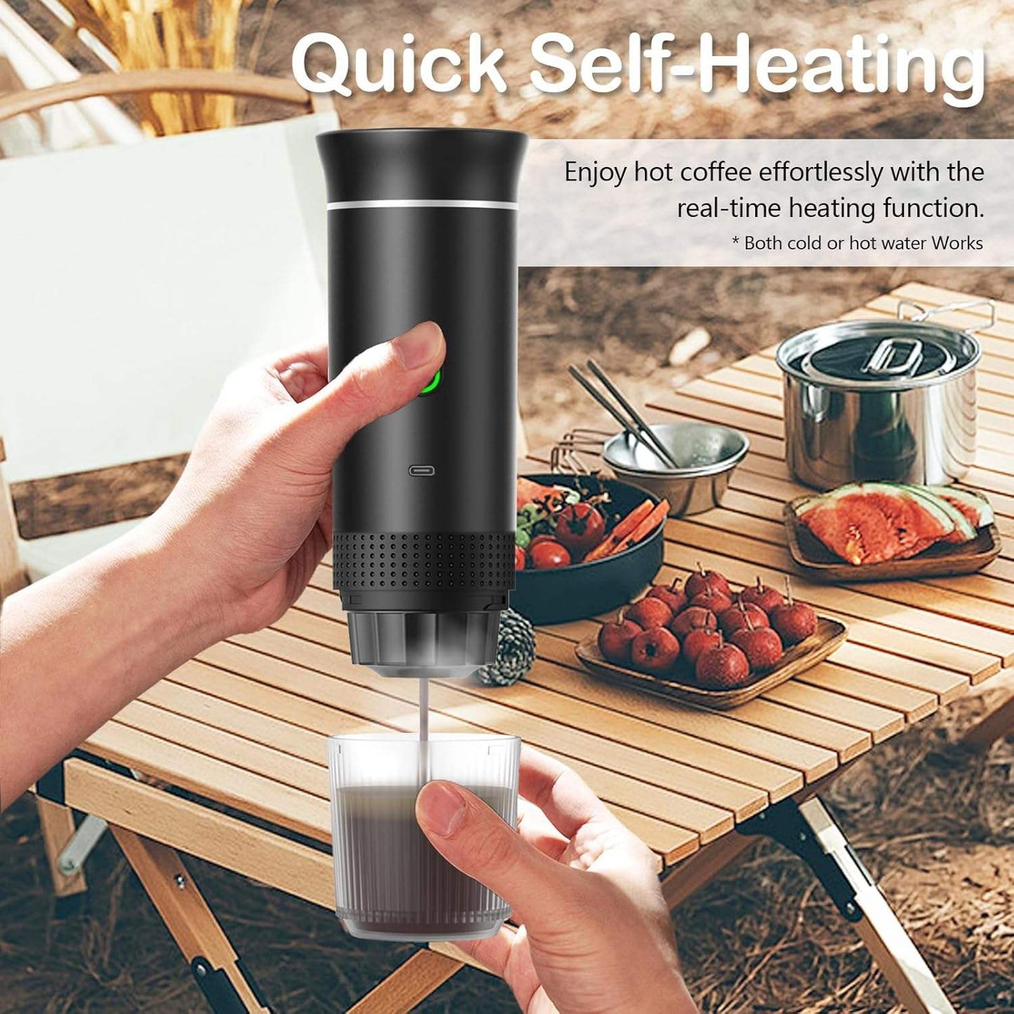 Espressor Portabil 3 în 1 cu Încălzire – Compatibil Capsule & Cafea Măcinată, 15 Bari, USB-C, Ideal pentru Călătorii și Camping