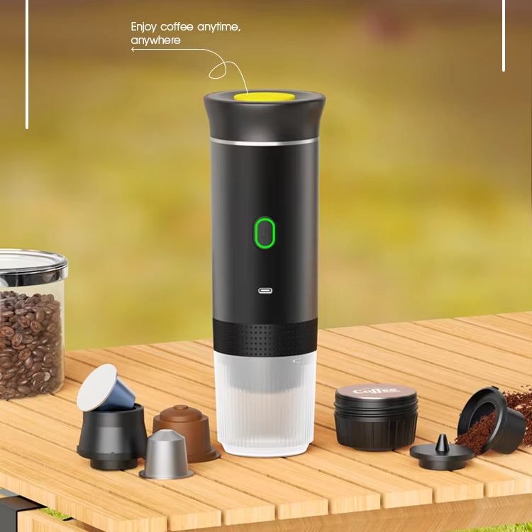 Espressor Portabil 3 în 1 cu Încălzire – Compatibil Capsule & Cafea Măcinată, 15 Bari, USB-C, Ideal pentru Călătorii și Camping