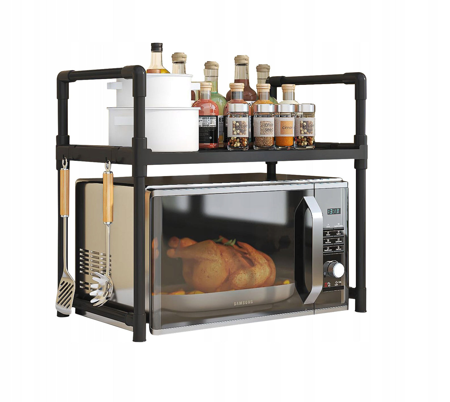 Etajeră pentru Cuptor cu Microunde, Raft Organizator Bucătărie 2 Niveluri, Plastic Rezistent, 49 x 48 x 26 cm, Negru