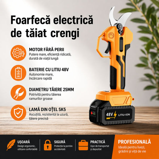 Foarfecă electrică profesională 48V cu acumulator, tăiere ramuri 25 mm, lamă oțel, portabilă, autonomie mare, pentru grădină și livadă