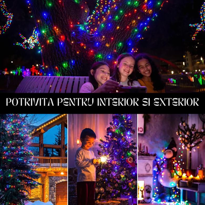 Instalație de Crăciun Liniară 50m / 100m / 120m cu LED Multicolor / Albastru / Alb Cald / Alb Rece – Efect Flash, Cablu Negru, IP44 | Ghirlandă Luminoasă pentru Exterior & Interior