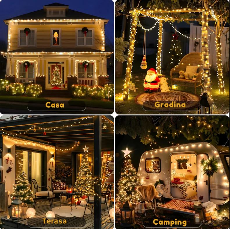 Instalație de Crăciun Liniară 50m / 100m / 120m cu LED Multicolor / Albastru / Alb Cald / Alb Rece – Efect Flash, Cablu Negru, IP44 | Ghirlandă Luminoasă pentru Exterior & Interior