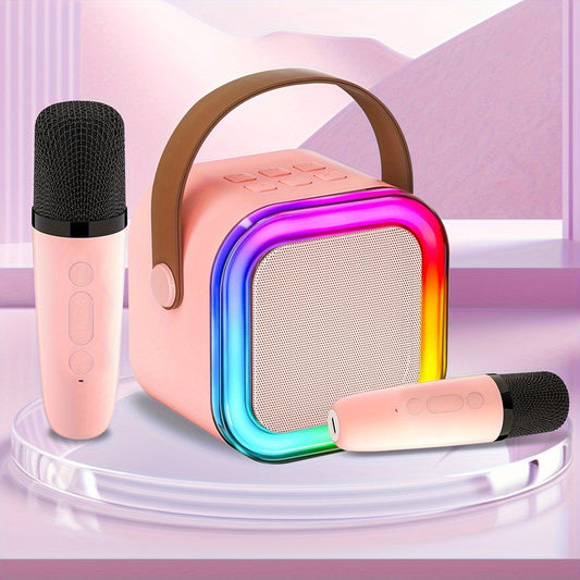 Set Karaoke cu 2 Microfoane Wireless și Boxă Bluetooth – LED RGB, Sunet 3D, 5 Efecte Vocale,USB-C, Portabil, Roz