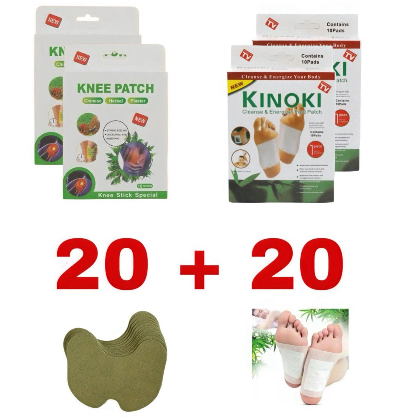 Pachet 20 plasturi Kinoki + 20 plasturi vegetali - 2 soluții naturale
