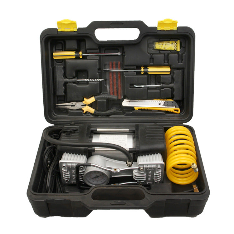 Compresor auto portabil 12V, 150 PSI, 2 cilindri, pompă aer anvelope + kit reparare pană auto, umflare rapidă roți, accesorii incluse