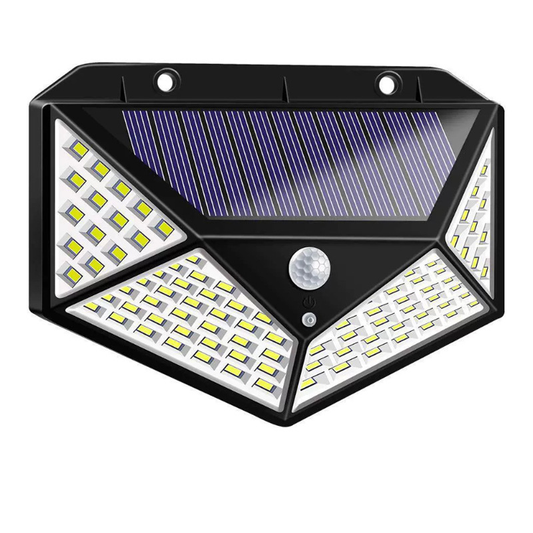 ampă solară LED exterior 100 LED-uri, senzor de mișcare PIR 5m, 3 moduri iluminare, IP65, fără fir, montaj perete pentru curte și grădină