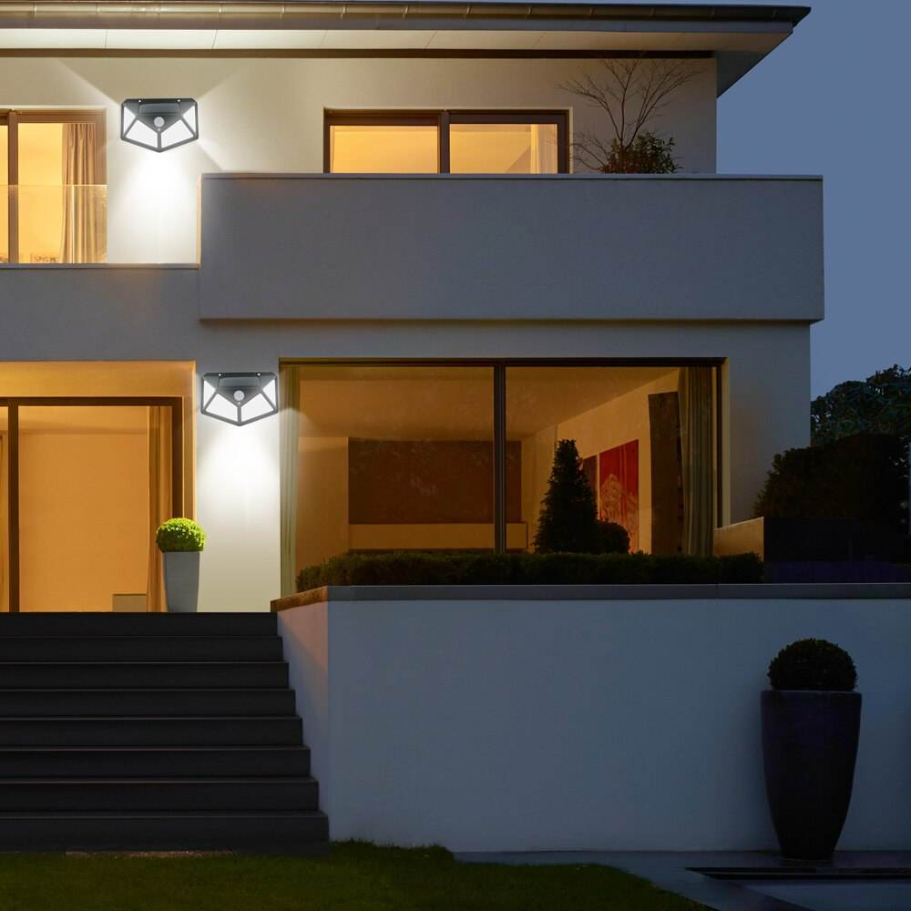 ampă solară LED exterior 100 LED-uri, senzor de mișcare PIR 5m, 3 moduri iluminare, IP65, fără fir, montaj perete pentru curte și grădină