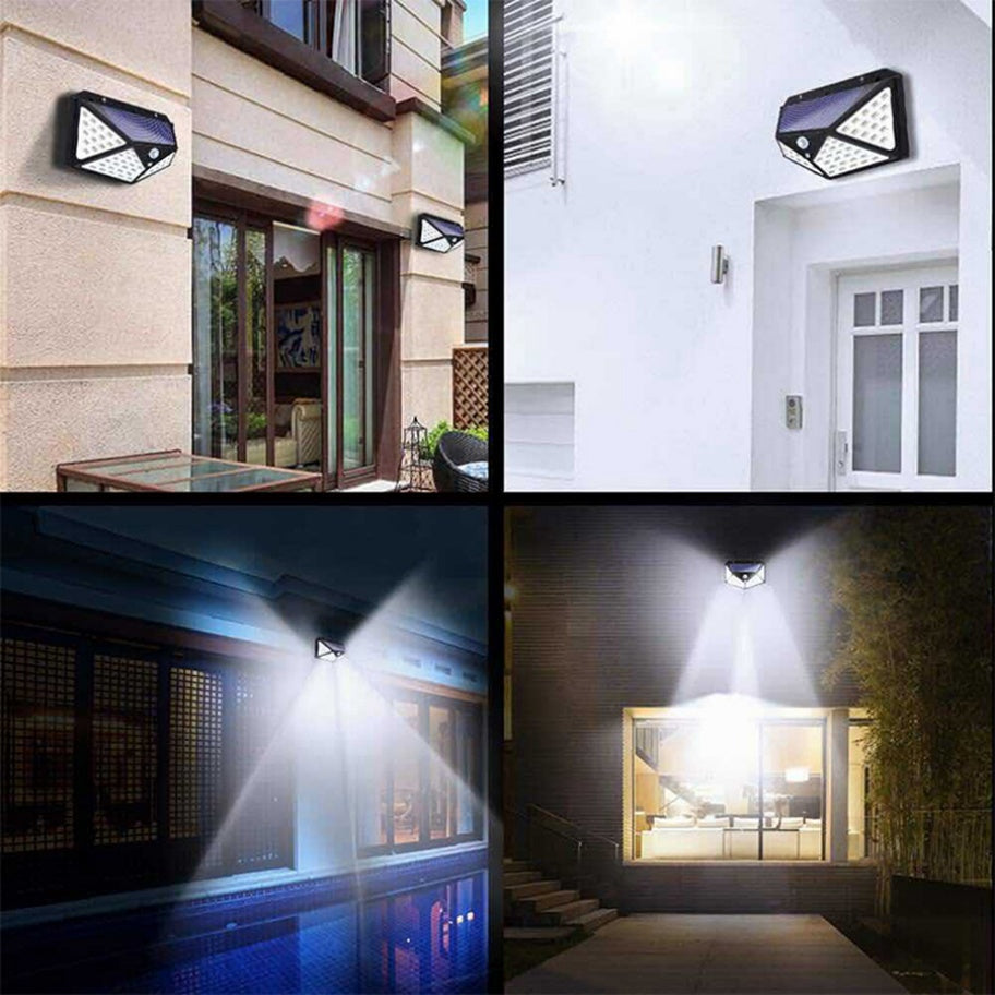 ampă solară LED exterior 100 LED-uri, senzor de mișcare PIR 5m, 3 moduri iluminare, IP65, fără fir, montaj perete pentru curte și grădină