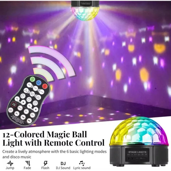 Proiector Disco LED Magic Ball cu Telecomandă și Boxă – 6 LED-uri RGB, 18W, Efect Lumini Petrecere, Montaj Tavan/Perete