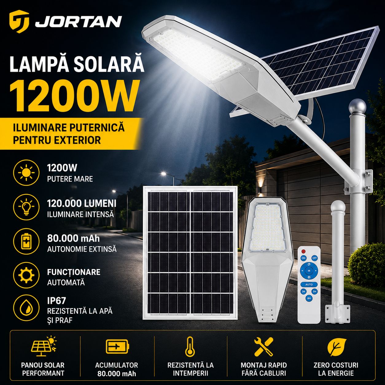 Lampă Solară cu Panou Solar și Braț Susținere 1200W – Iluminare Profesională pentru Exterior