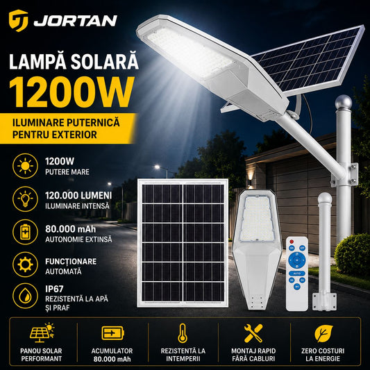 Lampă Solară cu Panou Solar și Braț Susținere 1200W – Iluminare Profesională pentru Exterior