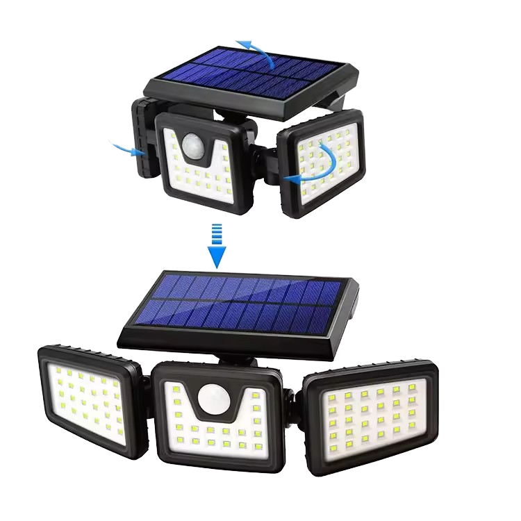 Proiector Solar LED Exterior cu 3 Capete, Senzor de Miscare 270°, 74 LED-uri, Iluminat Puternic pentru Curte si Gradina, Lampă Solară de Perete cu Control Inteligent