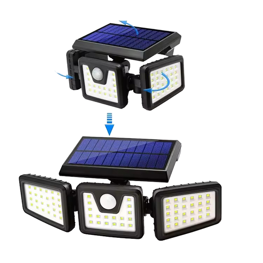 Lampa Solara LED Exterior cu 3 Capete, Senzor de Miscare 270°, 74 LED-uri, Control Remote, Iluminat Puternic pentru Curte, Gradina, Garaj – Proiector