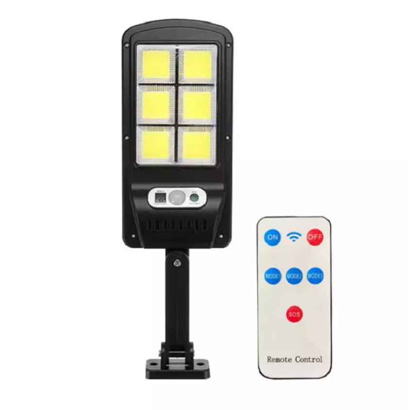 Set 4 Lămpi Solare Stradale 120 LED cu Senzor de Mișcare, Telecomandă, Brat de Montare și Panou Solar Incorporat – 3 Moduri de Iluminare, Negru