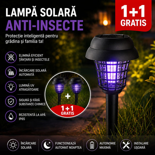 Lampă Solară Anti-Țânțari 1+1 GRATIS – LED UV, 2 Moduri, Iluminare Automată