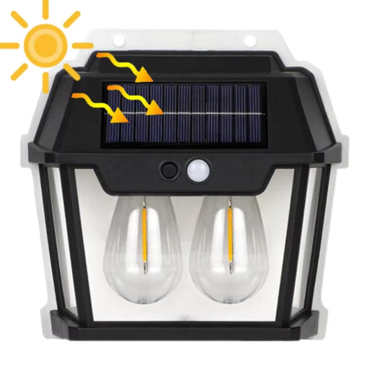 Lampă solară LED de exterior tip vintage, 2 becuri, senzor de mișcare 8m, 3 moduri iluminare, IP65 waterproof, fără fir, montaj perete