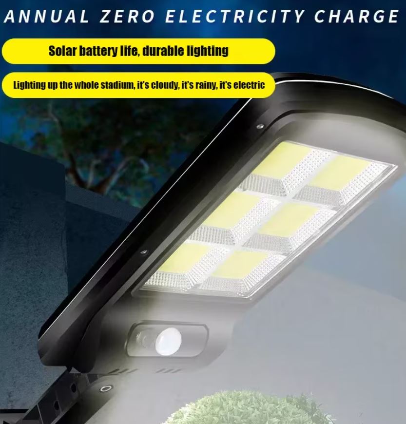 Set 2 Lămpi Solare Stradale 120 LED cu Senzor de Mișcare, Telecomandă și Brat de Montare – 3 Moduri de Iluminare, IP65, Negru