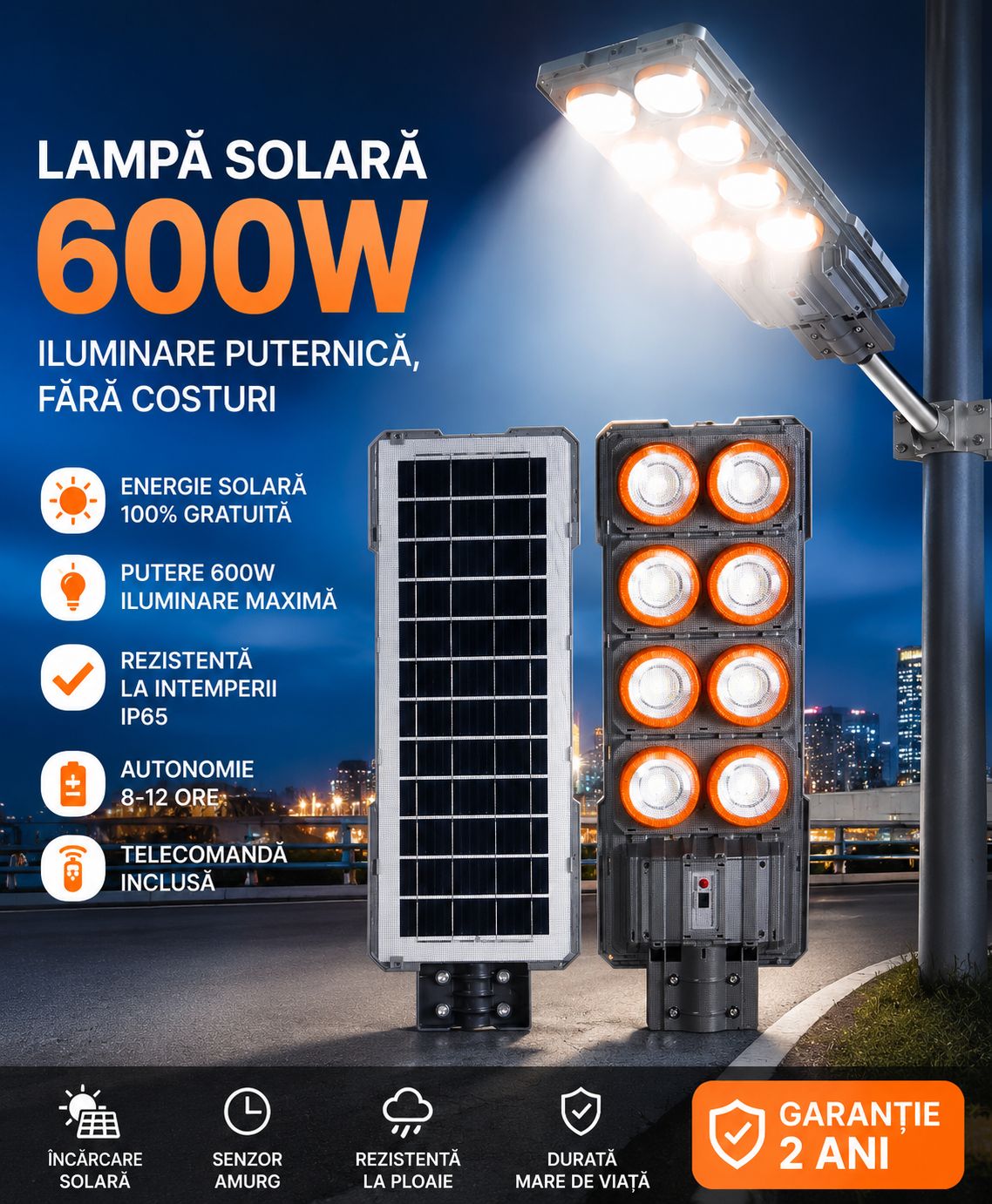 Lampă Solară Stradală LED Exterior 600W cu Senzor – IP65, Iluminare Puternică pentru Curte, Parcări și Spații Mari