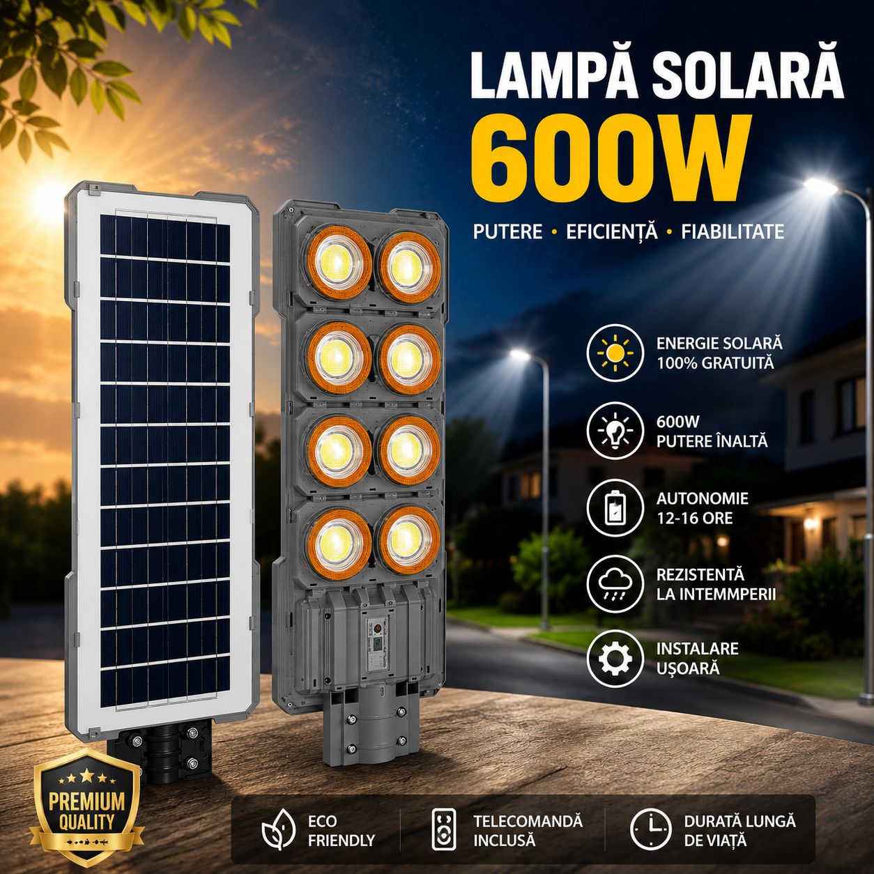 Lampă Solară Stradală LED Exterior 600W cu Senzor – IP65, Iluminare Puternică pentru Curte, Parcări și Spații Mari