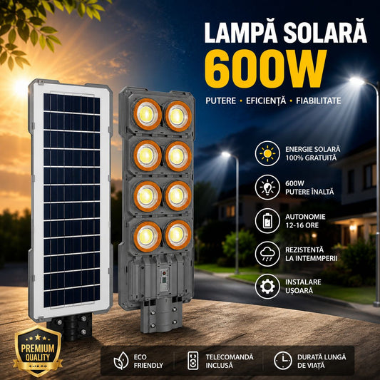 Lampă Solară Stradală LED Exterior 600W cu Senzor – IP65, Iluminare Puternică pentru Curte, Parcări și Spații Mari