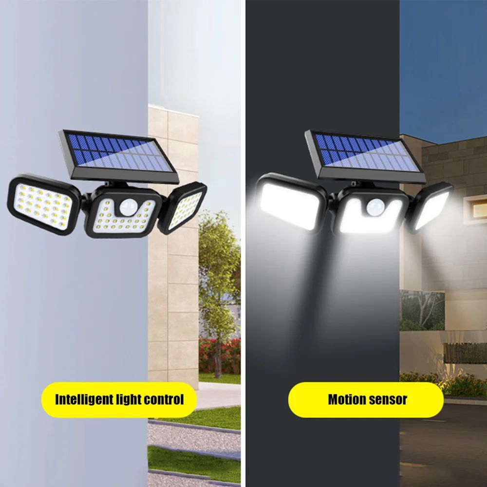 Proiector Solar LED Exterior cu 3 Capete, Senzor de Miscare 270°, 74 LED-uri, Iluminat Puternic pentru Curte si Gradina, Lampă Solară de Perete cu Control Inteligent