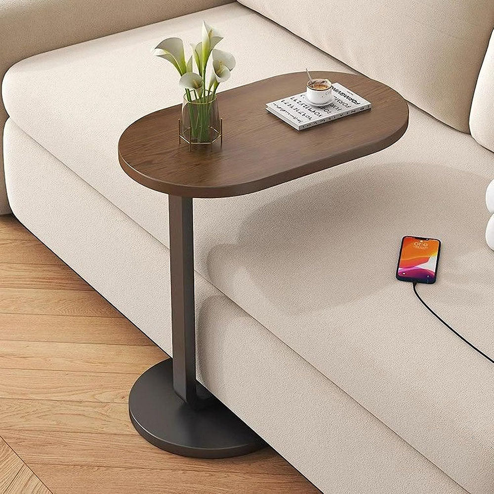 Măsuță Laterală Tip C pentru Canapea și Pat, Design Modern Nuc & Negru, Suport Laptop, Cafea și Gustări, 34x24x58 cm