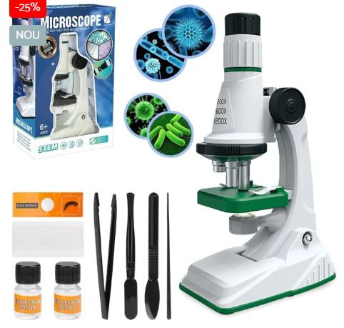 Microscop Educațional pentru Copii 200x–1200x – Kit Științific cu 10 Accesorii, Explorare și Experimente