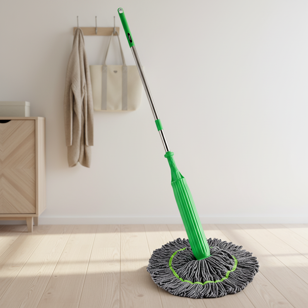 Mop cu Stoarcere Rapidă și Rotire 360° cu Microfibră Super Absorbantă, Design Ergonomic, Sistem de Stoarcere Automată Fără Mâini, Cap Reutilizabil și Lavabil, pentru Toate Tipurile de Podele