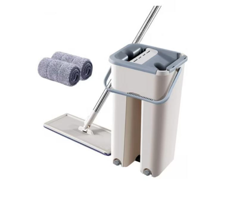 Mop profesional cu găleată 2 în 1 (spălare + stoarcere), sistem automat curățare și uscare + 2 rezerve microfibră incluse