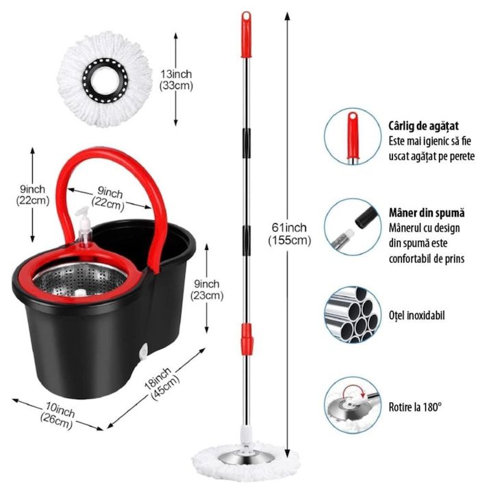Super Mop Rotativ cu Găleată, Mâner Inox + 5 Rezerve