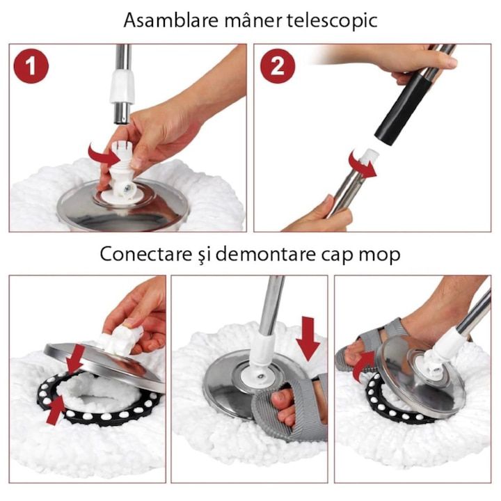 Super Mop Rotativ cu Găleată, Mâner Inox + 5 Rezerve