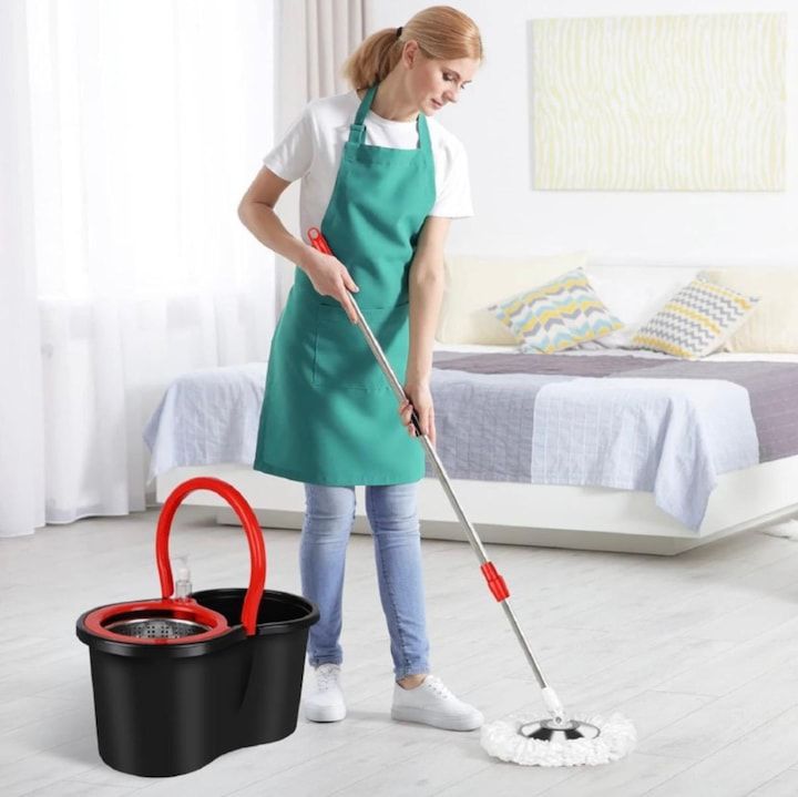 Super Mop Rotativ cu Găleată, Mâner Inox + 5 Rezerve