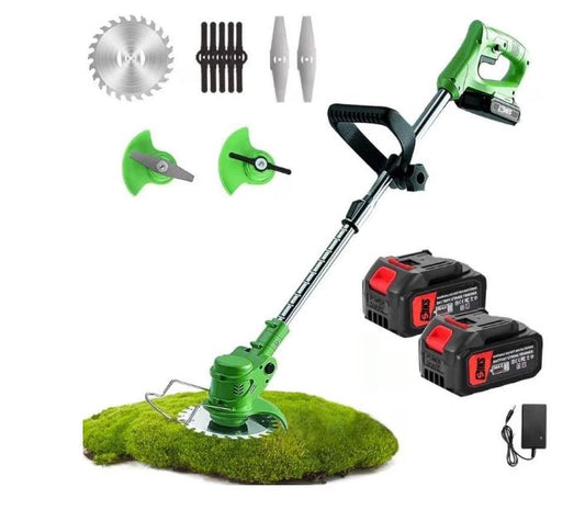 Motocoasă electrică 48V fără fir, 18000 RPM, 2 acumulatori, 3 tipuri de tăiere (disc + lame), mâner telescopic reglabil, 7 accesorii incluse