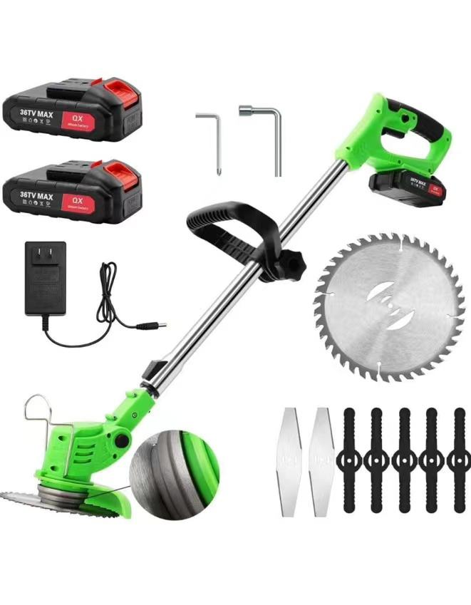 Motocoasă electrică 48V fără fir, 18000 RPM, 2 acumulatori, 3 tipuri de tăiere (disc + lame), mâner telescopic reglabil, 7 accesorii incluse