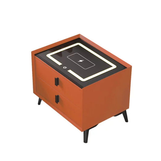 Noptieră Smart Portocalie cu 2 Sertare, Încărcare Wireless și LED Tactil, Design Modern din Sticlă și Lemn