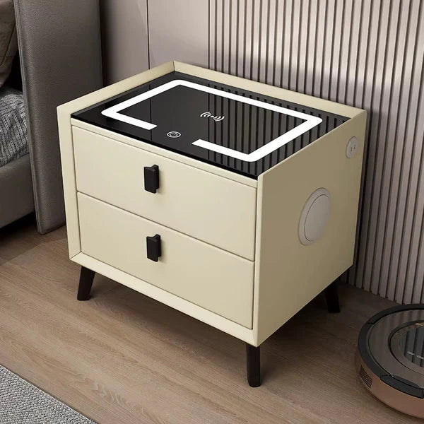 Noptieră Smart Crem cu 2 Sertare – Încărcare Wireless, LED Tactil 3 Culori, Boxă Bluetooth, USB și Type-C