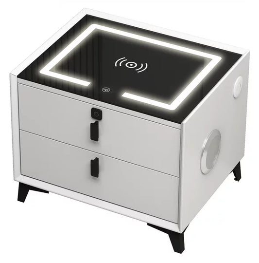 Noptieră Smart Multifuncțională cu 2 Sertare – Încărcare Wireless &amp; USB, LED Tactil 3 Culori, Boxă Bluetooth și Amprentă