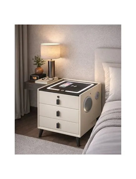 Noptieră Crem smart multifuncțională, cu 3 sertare si iluminare LED tactilă cu 3 culori, încărcare wireless și port USB pentru dispozitivele tale, difuzor Bluetooth