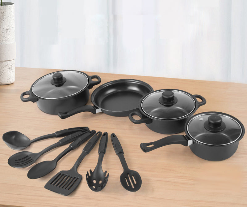 Set oale și tigăi antiaderente 13 piese, fier de calitate, ustensile silicon alimentar, compatibil inducție, negru elegant + ascuțitor cuțite și