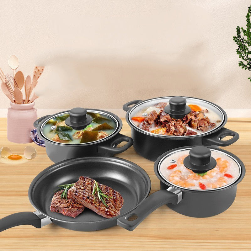 Set oale și tigăi antiaderente 13 piese, fier de calitate, ustensile silicon alimentar, compatibil inducție, negru elegant + ascuțitor cuțite și