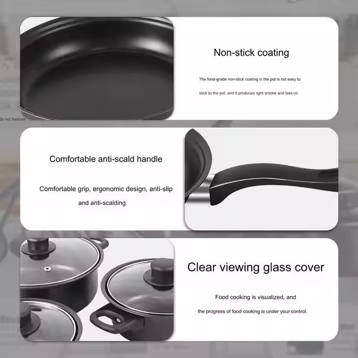 Set oale și tigăi antiaderente 13 piese, fier de calitate, ustensile silicon alimentar, compatibil inducție, negru elegant + ascuțitor cuțite și