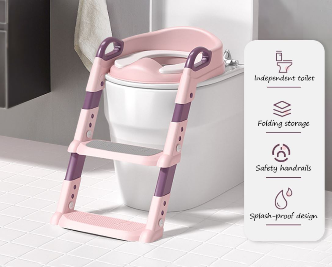 Scaun toaletă copii cu scară pliabil, reductor WC cu spătar și mânere, anti-alunecare – antrenament oliță, design ergonomic