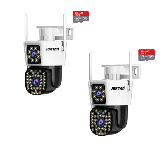 Pachet 2 Camere de Supraveghere WiFi JORTAN JT-8293 Dual Lens + 2 Carduri 32GB Incluse – PTZ 355°, Night Vision Color, Audio Bidirecțional, IP66