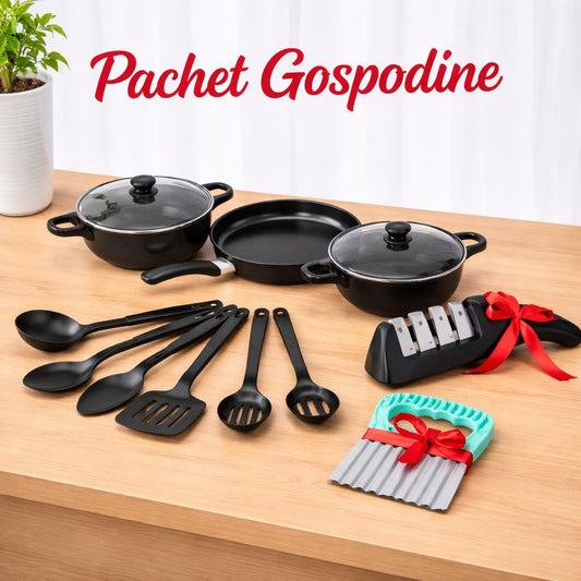 Set oale și tigăi antiaderente 13 piese, fier de calitate, ustensile silicon alimentar, compatibil inducție, negru elegant + ascuțitor cuțite și