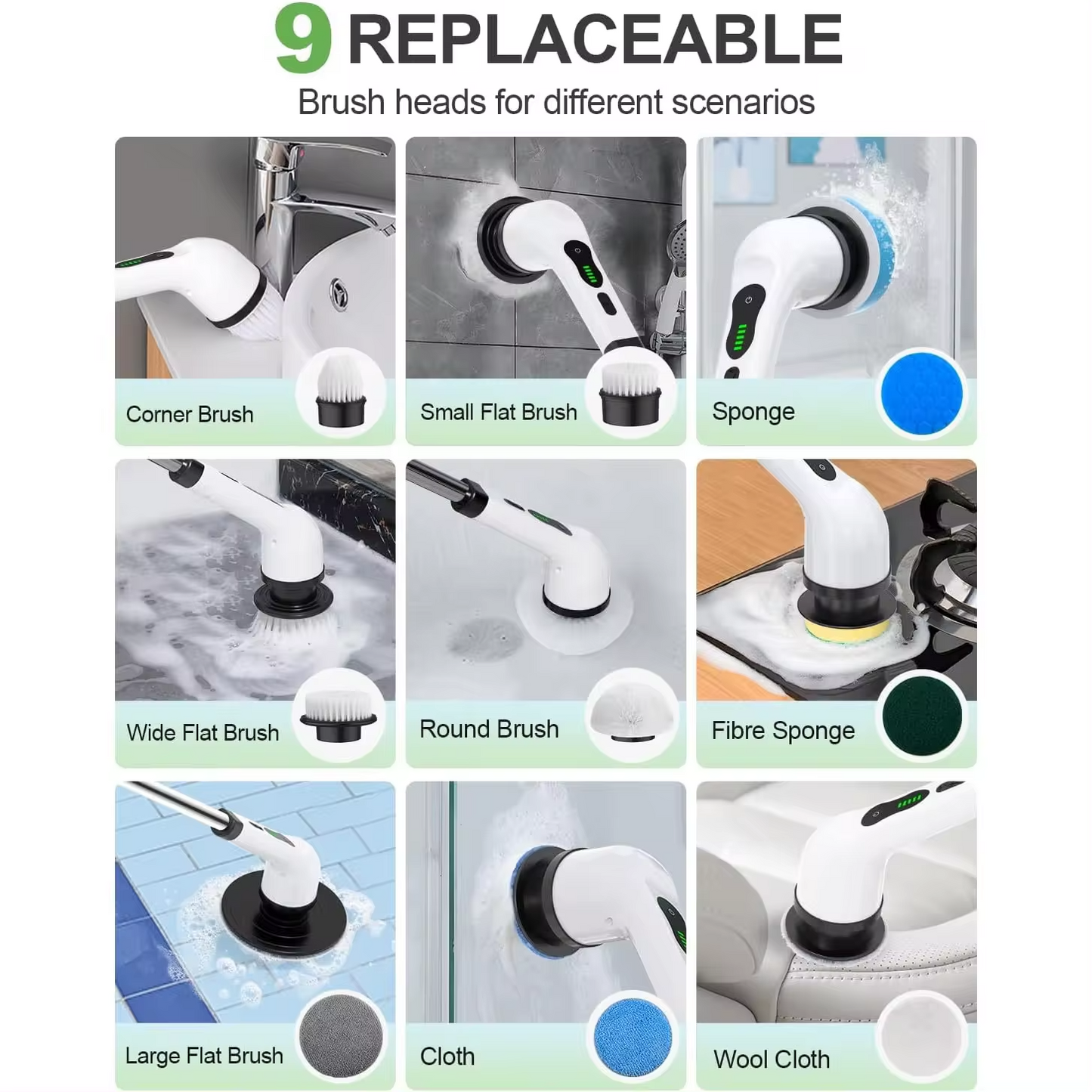 Perie electrică rotativă de curățare 9 în 1, fără fir, 9 accesorii, 2 viteze, IPX7, LED, pentru baie și bucătărie
