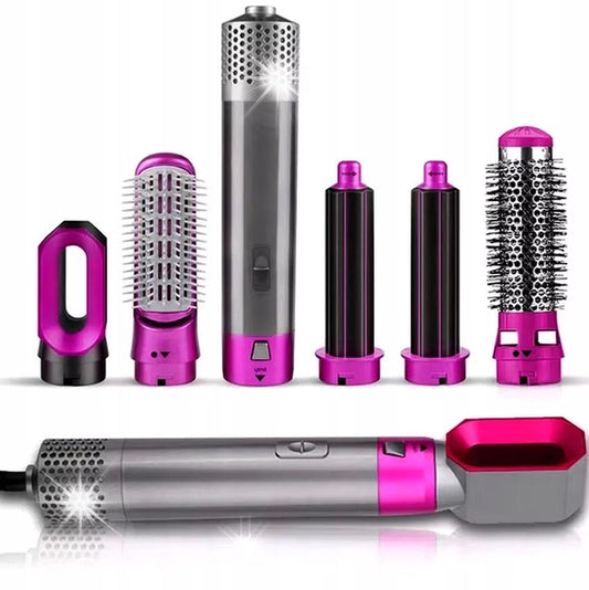 Perie Rotativă 5 în 1 cu Aer Cald 1000W – Uscător, Ondulator și Placă de Îndreptat, Tehnologie Ceramică, 5 Accesorii Interschimbabile, Roz/Argintiu